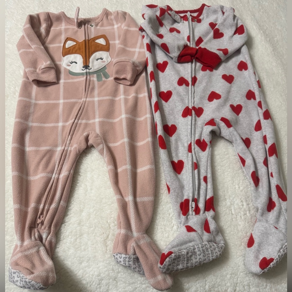 Carter’s One-Piece Fleece Sleepers - Pink Fox & Gray Heart Designs